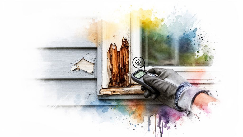 A gloved hand uses a digital moisture meter on a decaying window frame with peeling paint, indicating water damage.