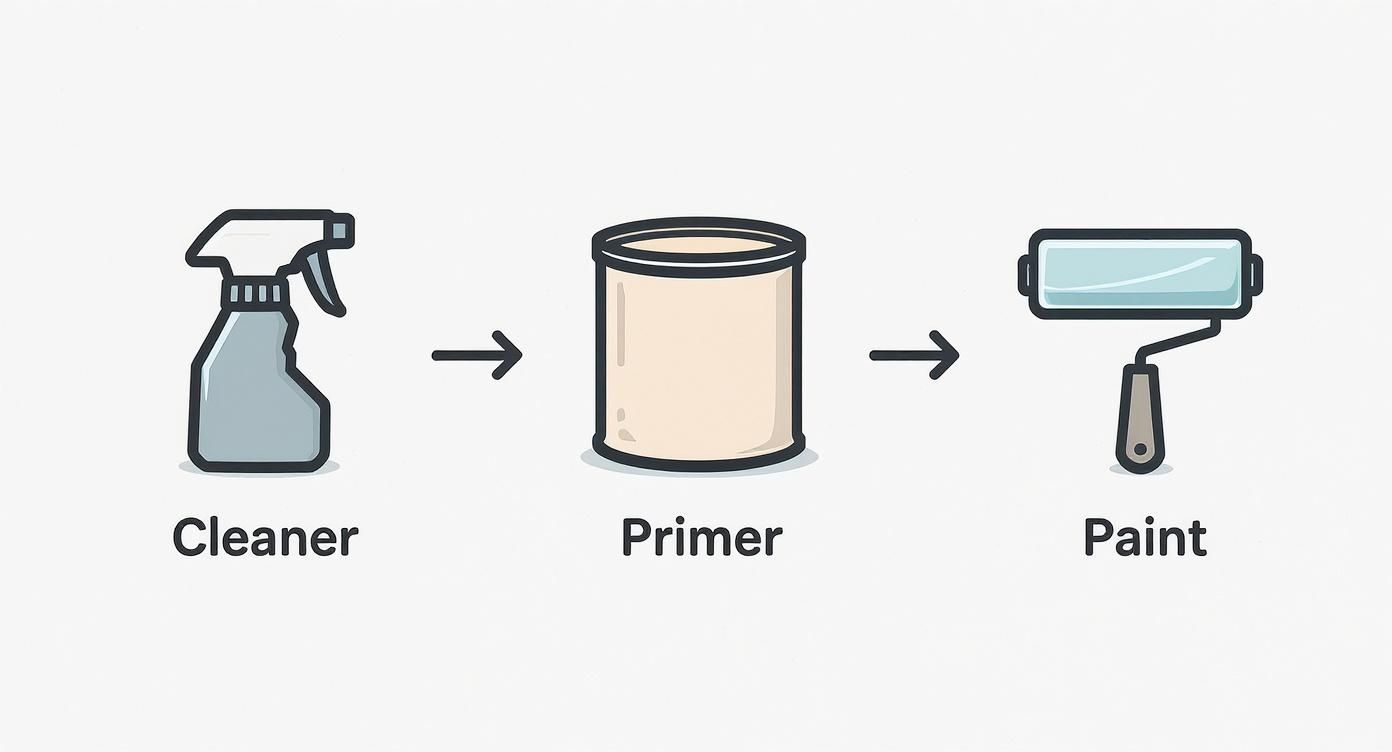 Three-step painting process showing spray cleaner, primer can, and paint roller with arrows between them