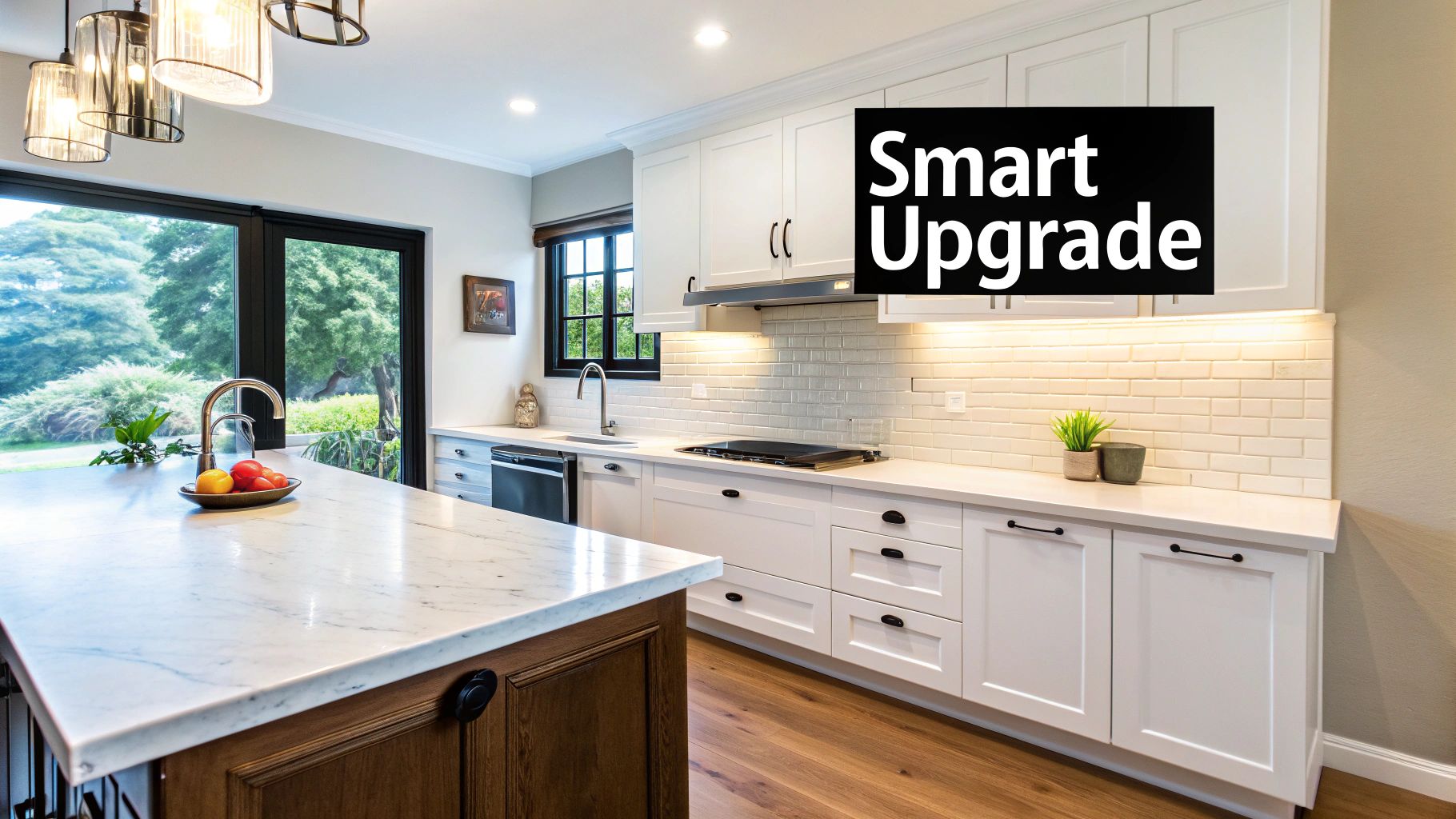 Woman painting kitchen countertops white, showing the dramatic transformation possible.