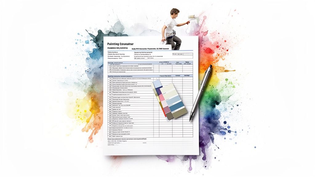 A painting estimate document, color palette, and pen on a vibrant paint splatter background, featuring a painter.