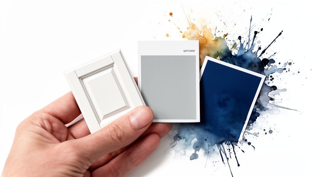 Soca Services team holding cabinet color swatches for a project.