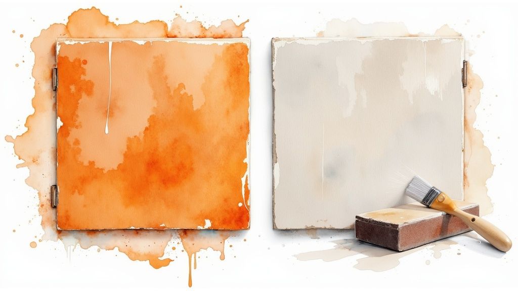 Two panels, one vibrant orange with paint drips, the other beige, with a paintbrush and block.