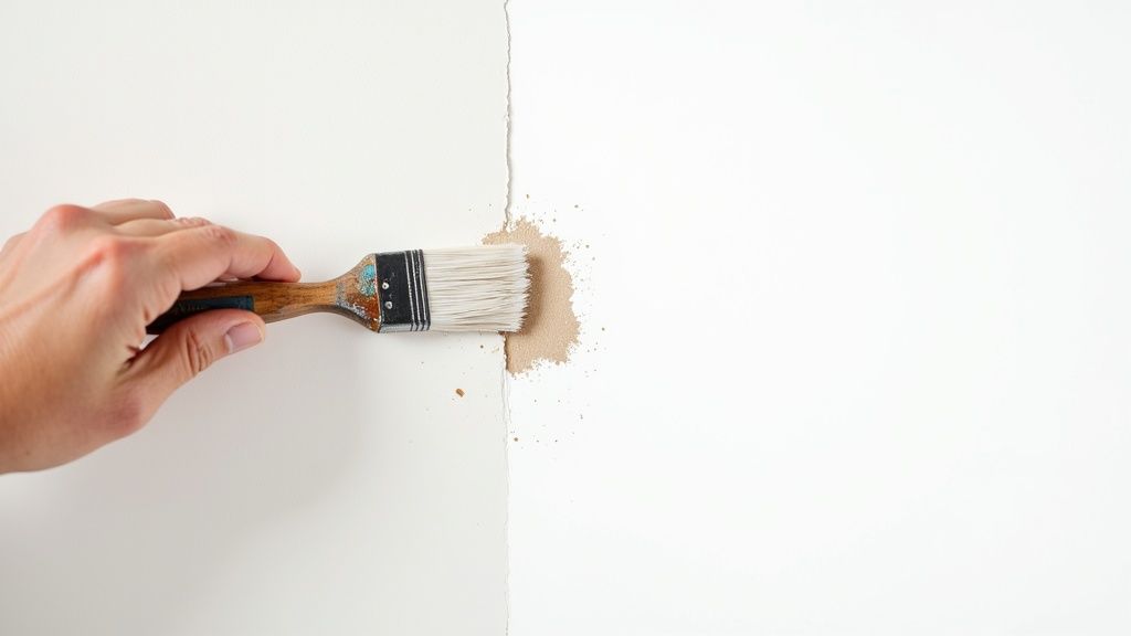 A professional painter performing a final walkthrough with a homeowner in a freshly painted living room.