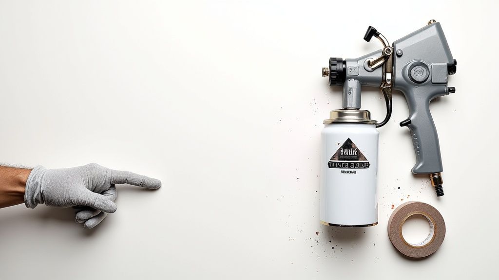 A gloved hand points towards a grey spray paint gun attached to a white can, next to a roll of tape on a white surface.