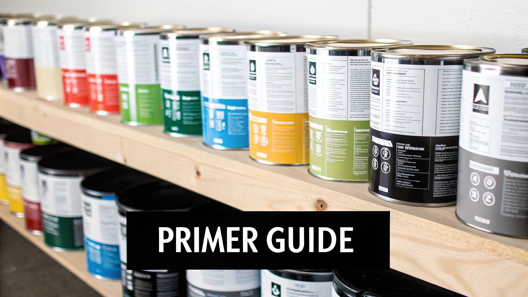Three paint cans with different types of primer on a wooden surface.