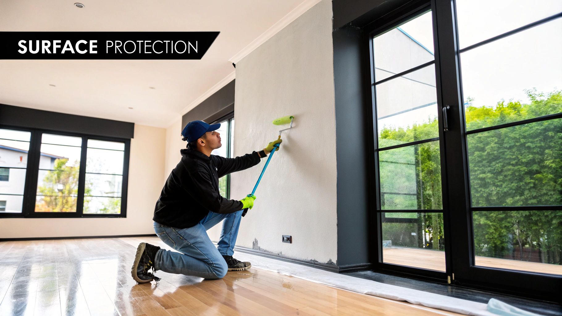 A person's hand in a blue glove applying white primer to a wall with a roller.