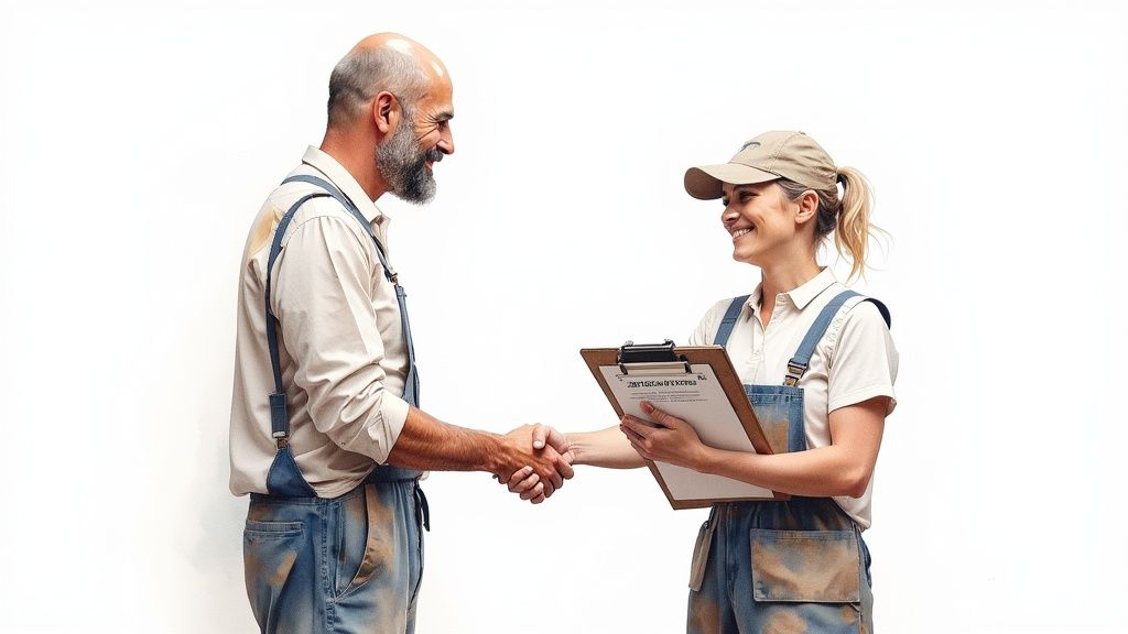 Two professional painters shaking hands while holding clipboard with contract agreement