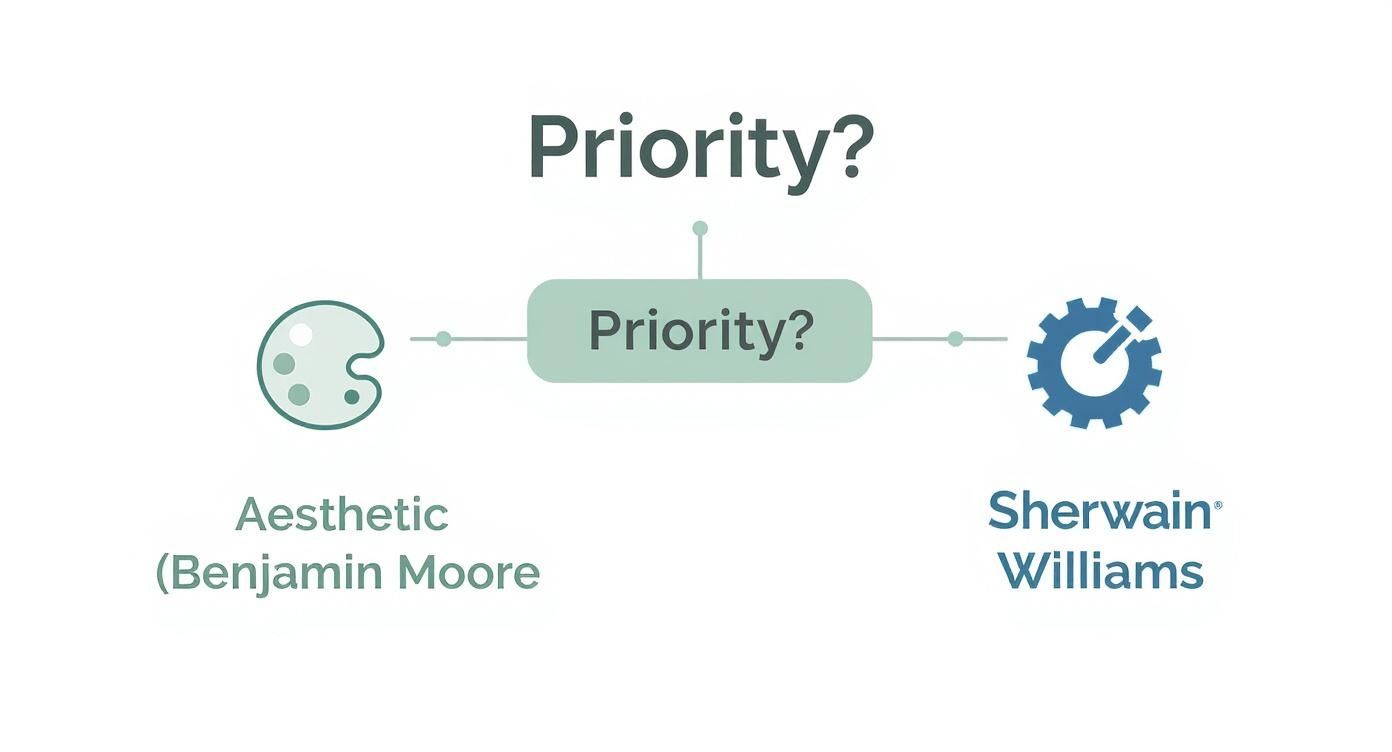 Infographic decision tree comparing Benjamin Moore and Sherwin Williams based on priority.
