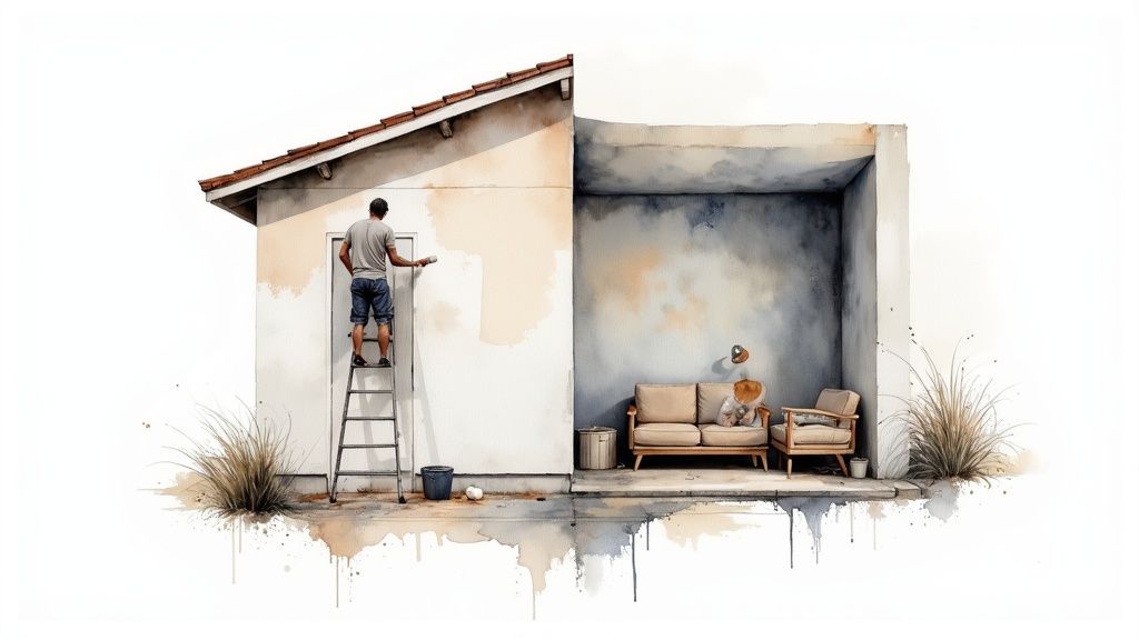A professional painter on a ladder painting the exterior siding of a two-story home.