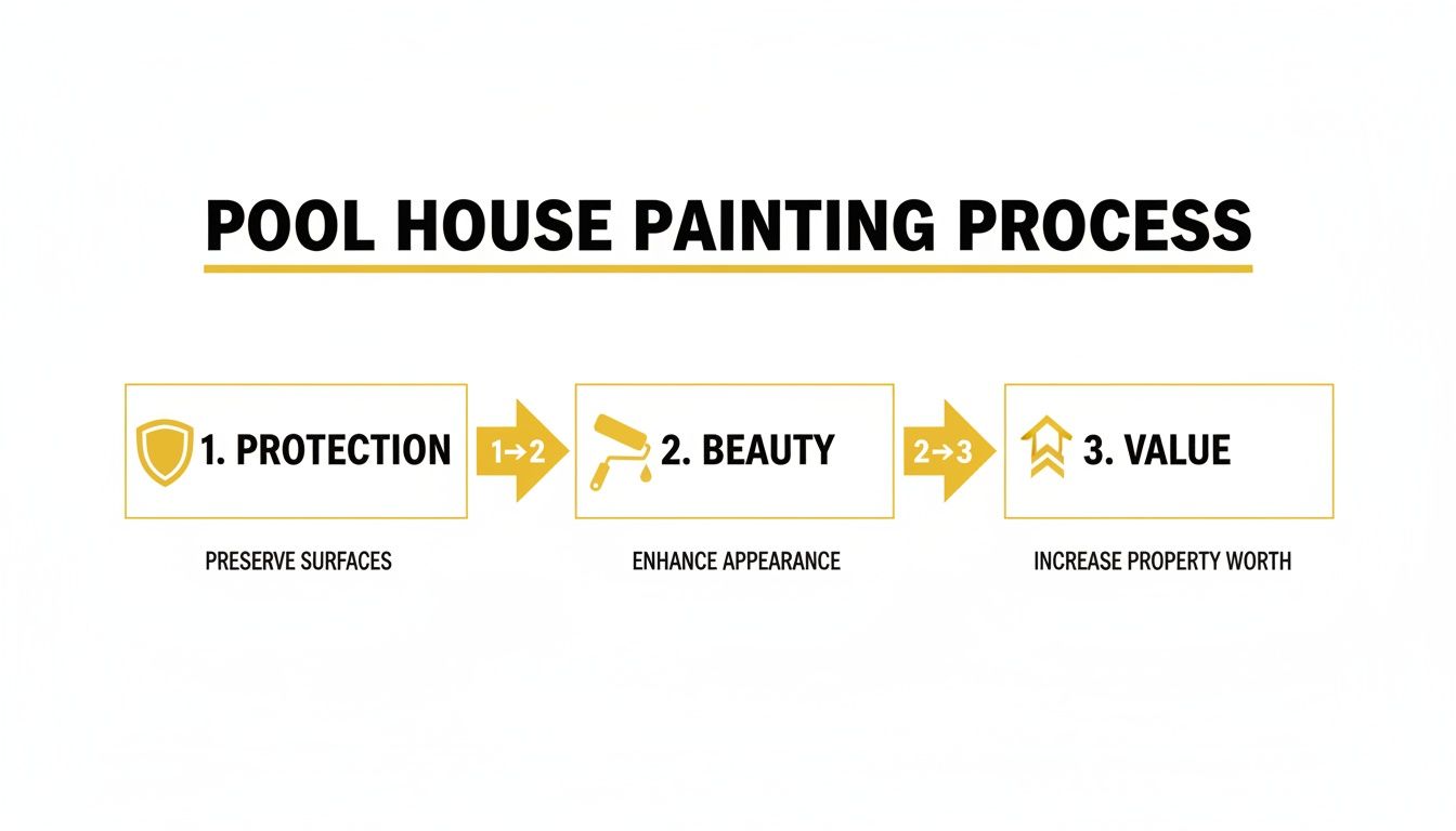 Diagram outlining the three-step pool house painting process by Soca Services: protection, beauty, and value.
