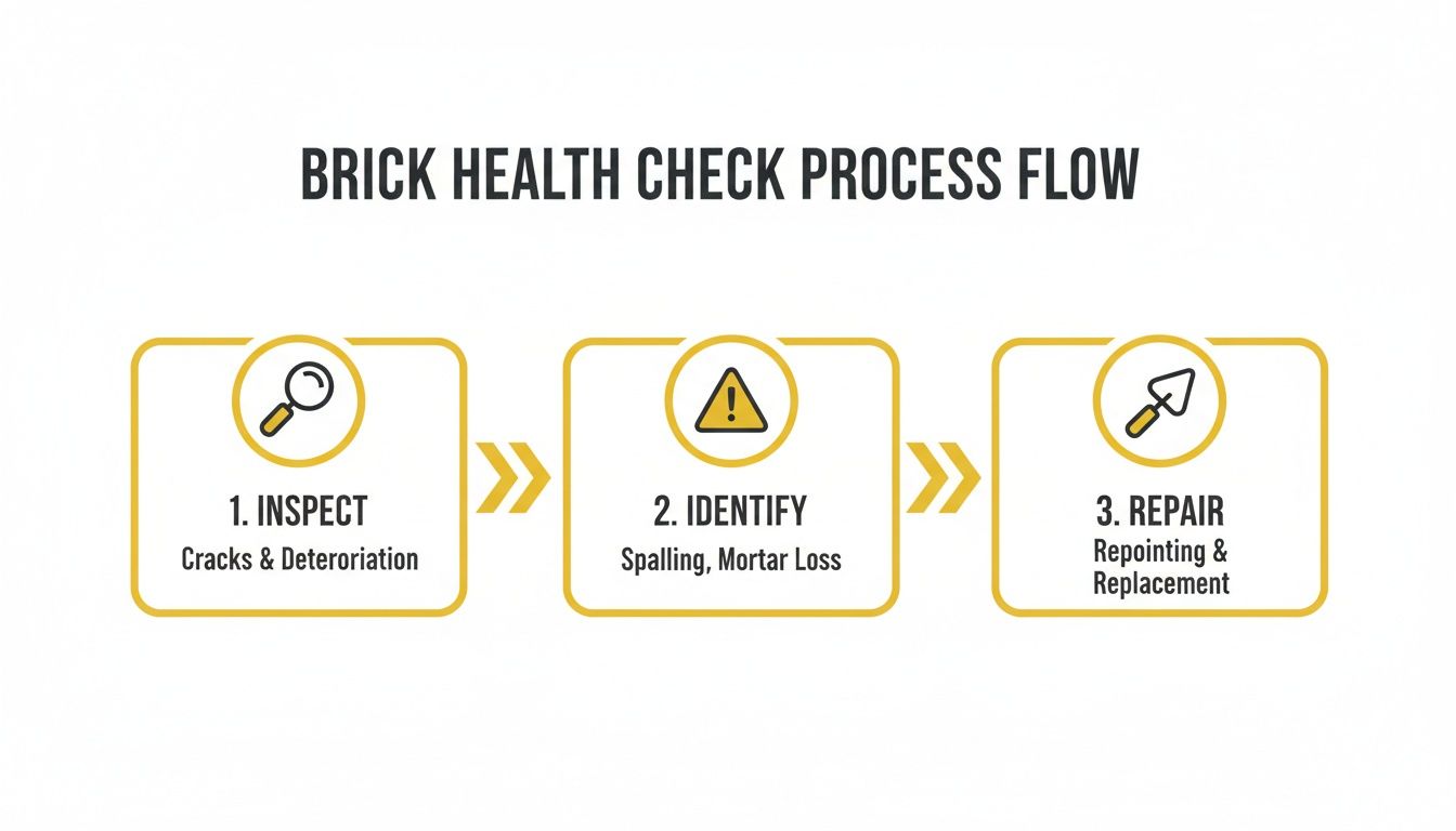 A flowchart detailing the brick health check process, from inspecting cracks to identifying spalling and repairing mortar loss.