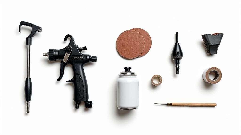 Professional spray gun with accessories and sanding discs for cabinet painting projects
