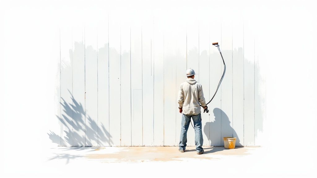 Painter on a ladder applying paint to the exterior of a house.