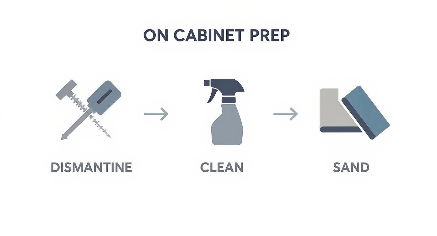 Three step cabinet preparation process showing dismantling hardware, cleaning with spray bottle, and sanding surfaces