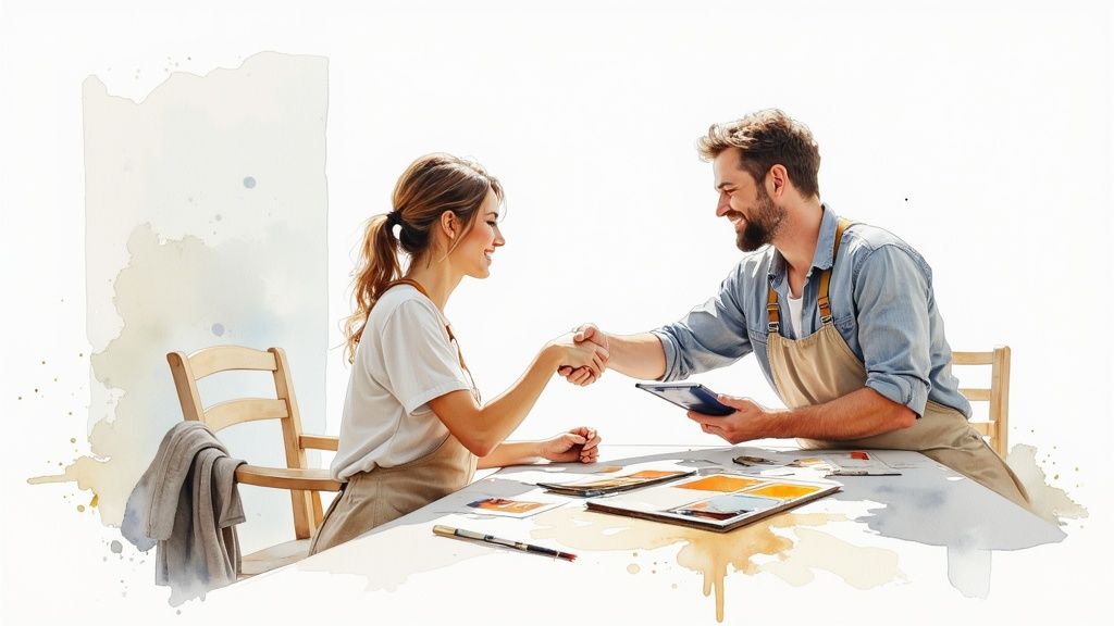 A professional painter applies limewash to a large interior wall, showing proper technique.