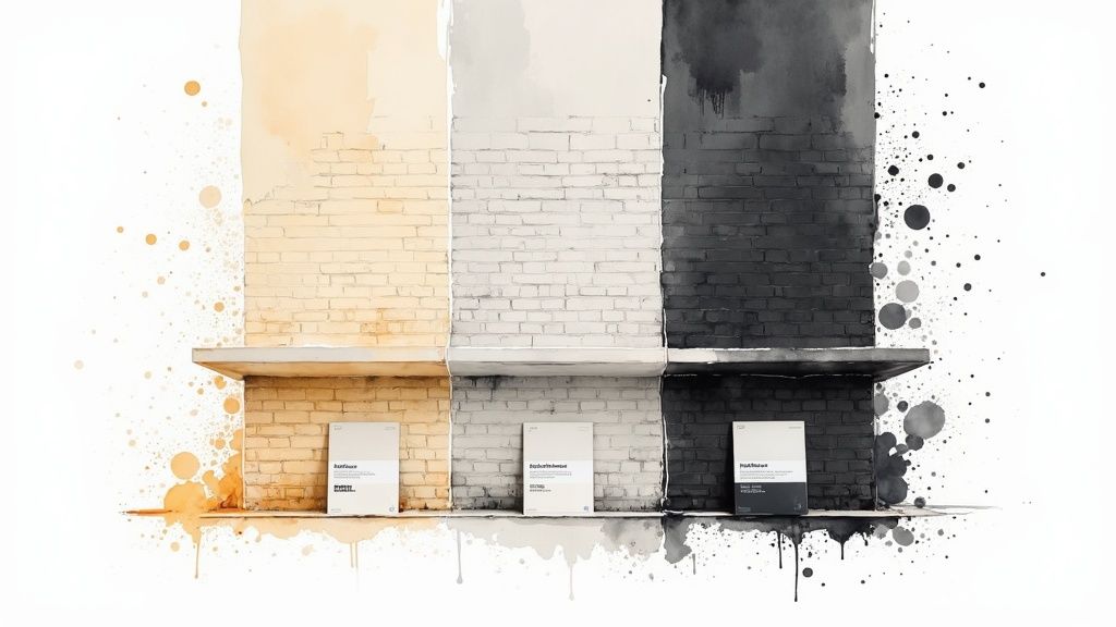 Three brick wall sections painted yellow, white, and black with matching shelves and artistic paint splatters.