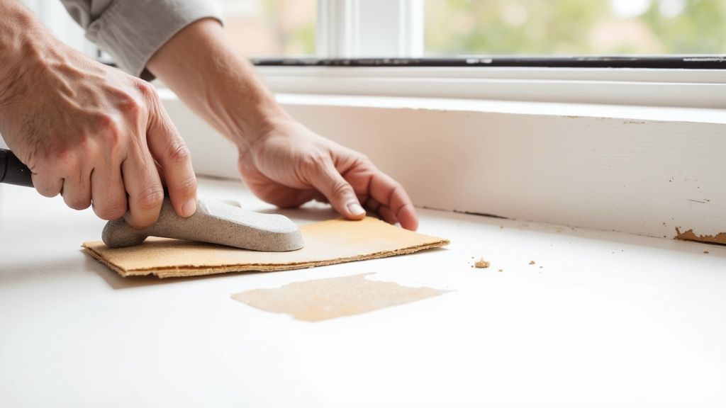 A painter carefully preparing a wall surface before painting.