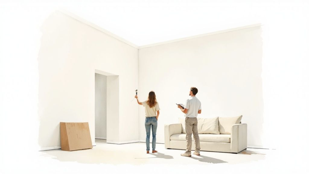 Two people, a woman painting a wall and a man observing, in a bright, empty room.