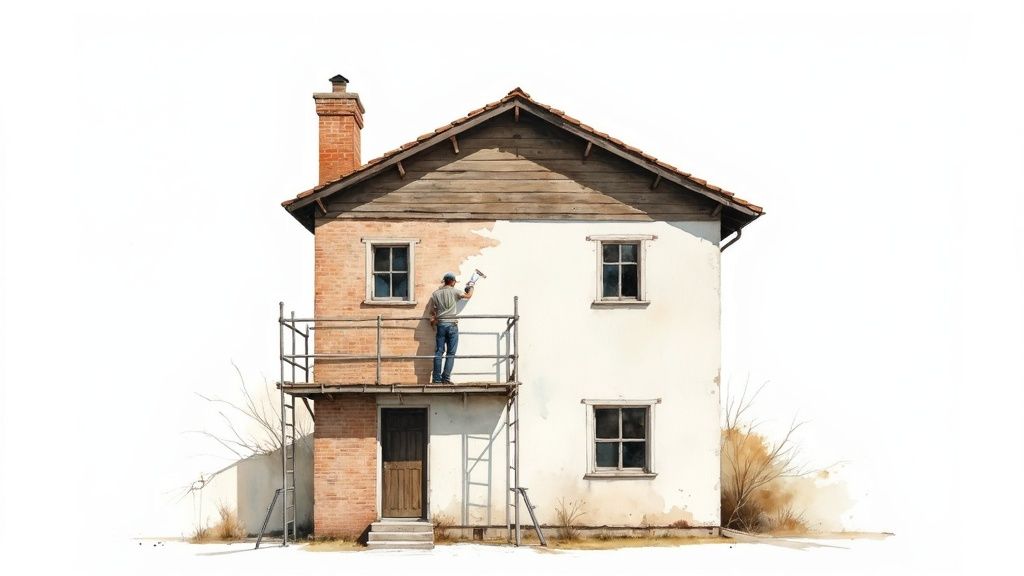 Person painting exterior of two-story house on scaffolding showing renovation work in progress