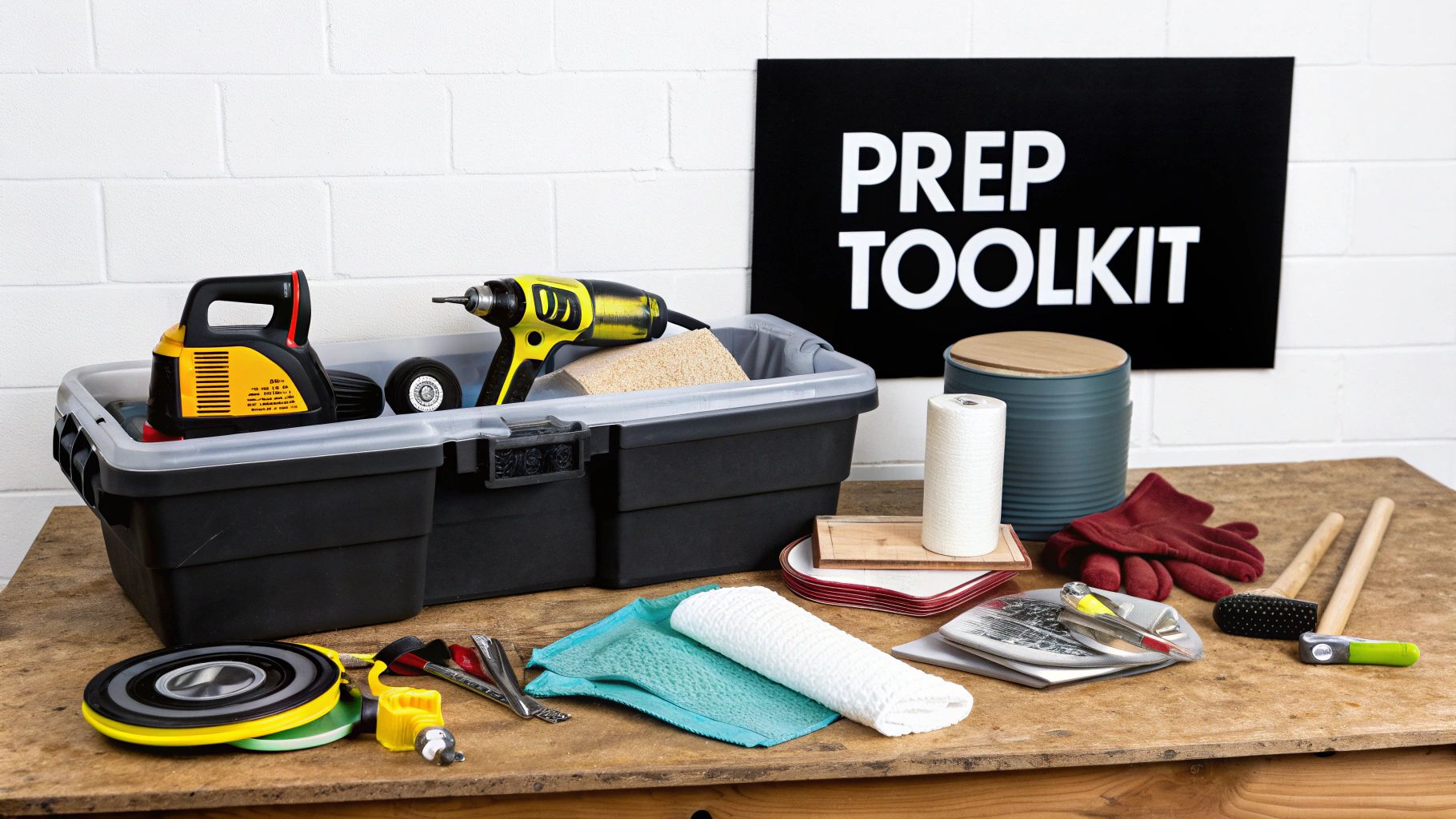 A collection of painting tools including rollers, brushes, and trays on a drop cloth.