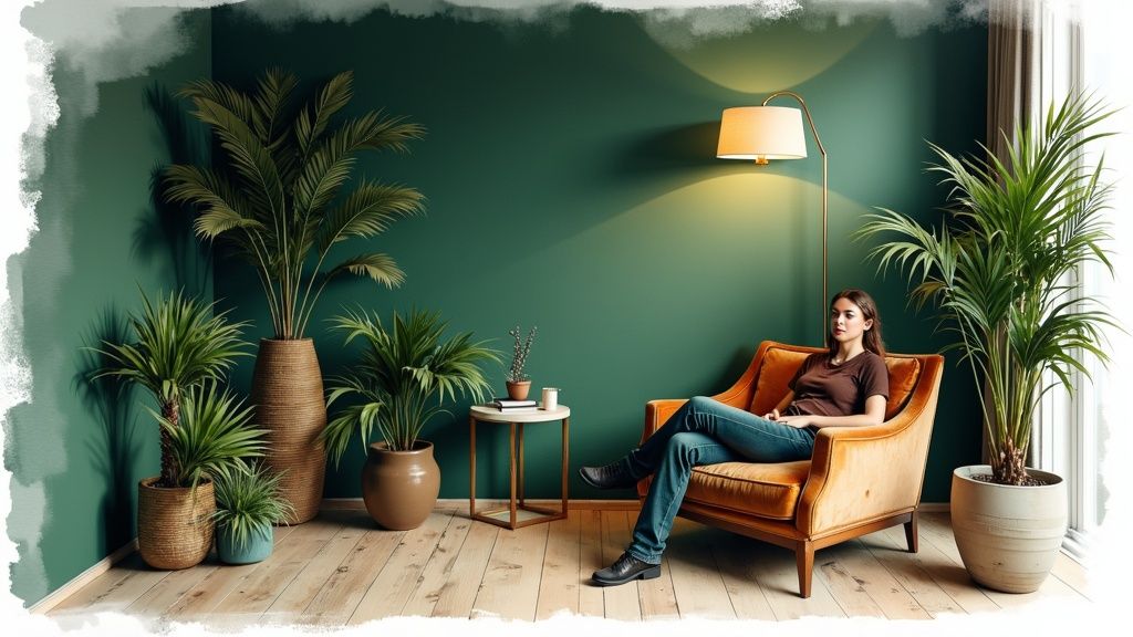 Woman relaxing in orange leather chair surrounded by plants against deep teal green wall
