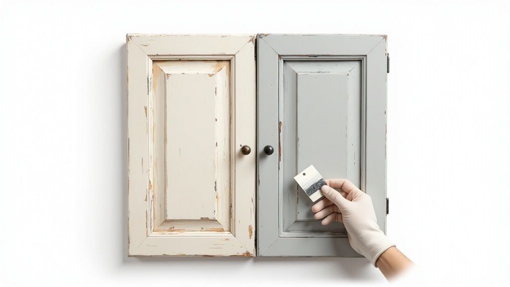 Two distressed kitchen cabinet doors, one off-white and one gray, with a gloved hand holding a paint swatch.