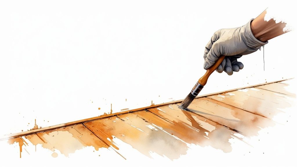 A gloved hand uses a paintbrush to apply stain to wooden planks, in a watercolor style.