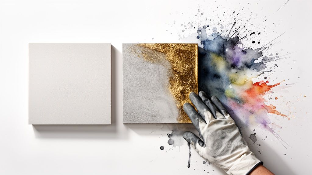 Soca Services artist's gloved hand creating colorful paint splashes from a gold leaf canvas.