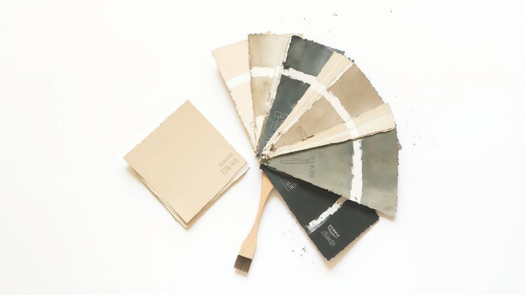 A fan deck of neutral paint swatches and a stack of beige swatches with a small paintbrush on a white background.