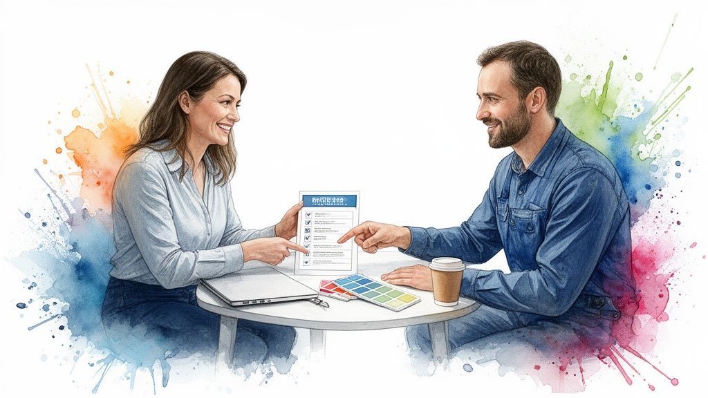 Two smiling professionals discuss a checklist and color swatches at a table, surrounded by vibrant watercolor splashes. Soca Services team in action.