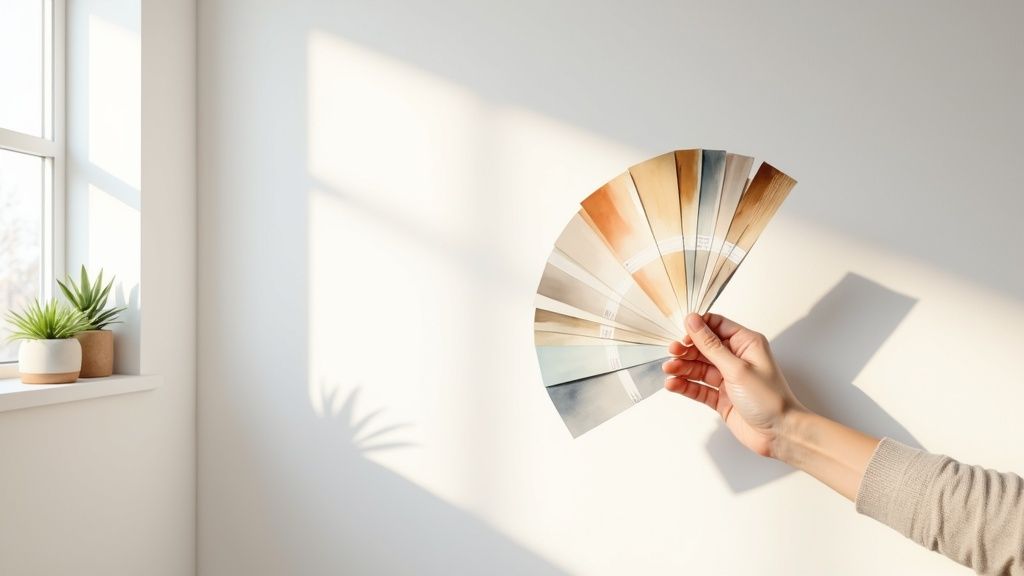 A hand holds a paint color swatch fan against a white wall with sunlight and shadows.