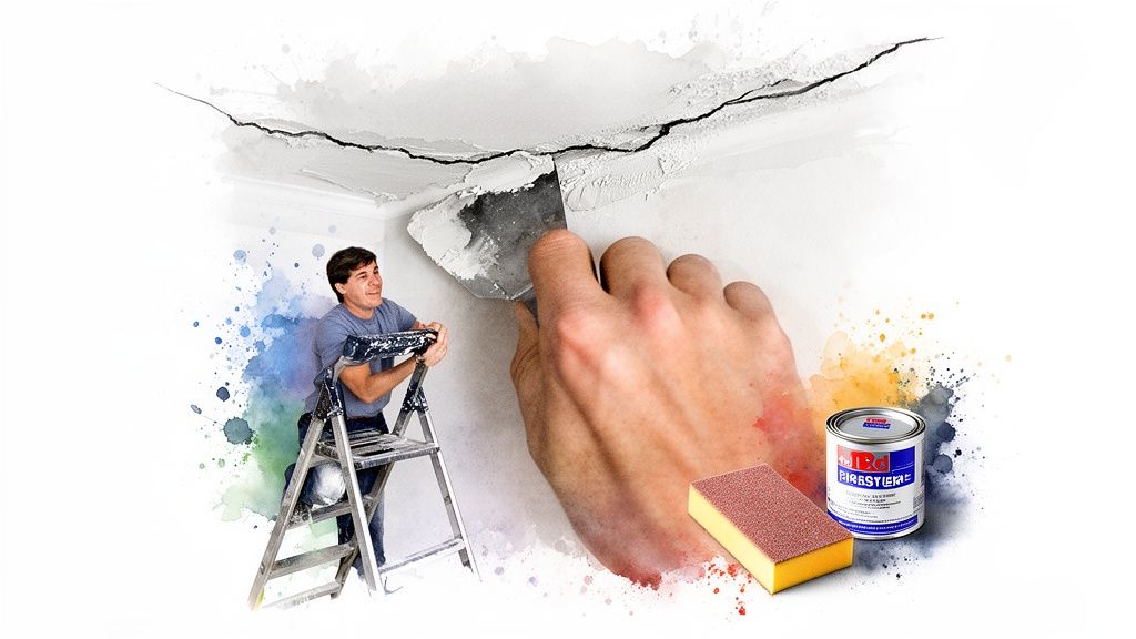 Soca Services performing ceiling repair and preparation before painting.