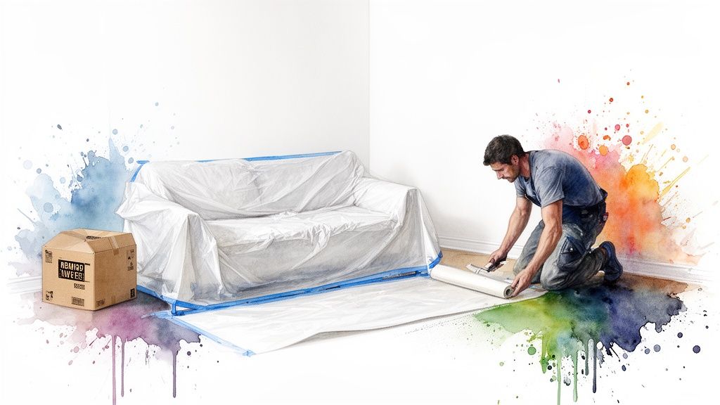 Soca Services painter protecting floors before interior painting