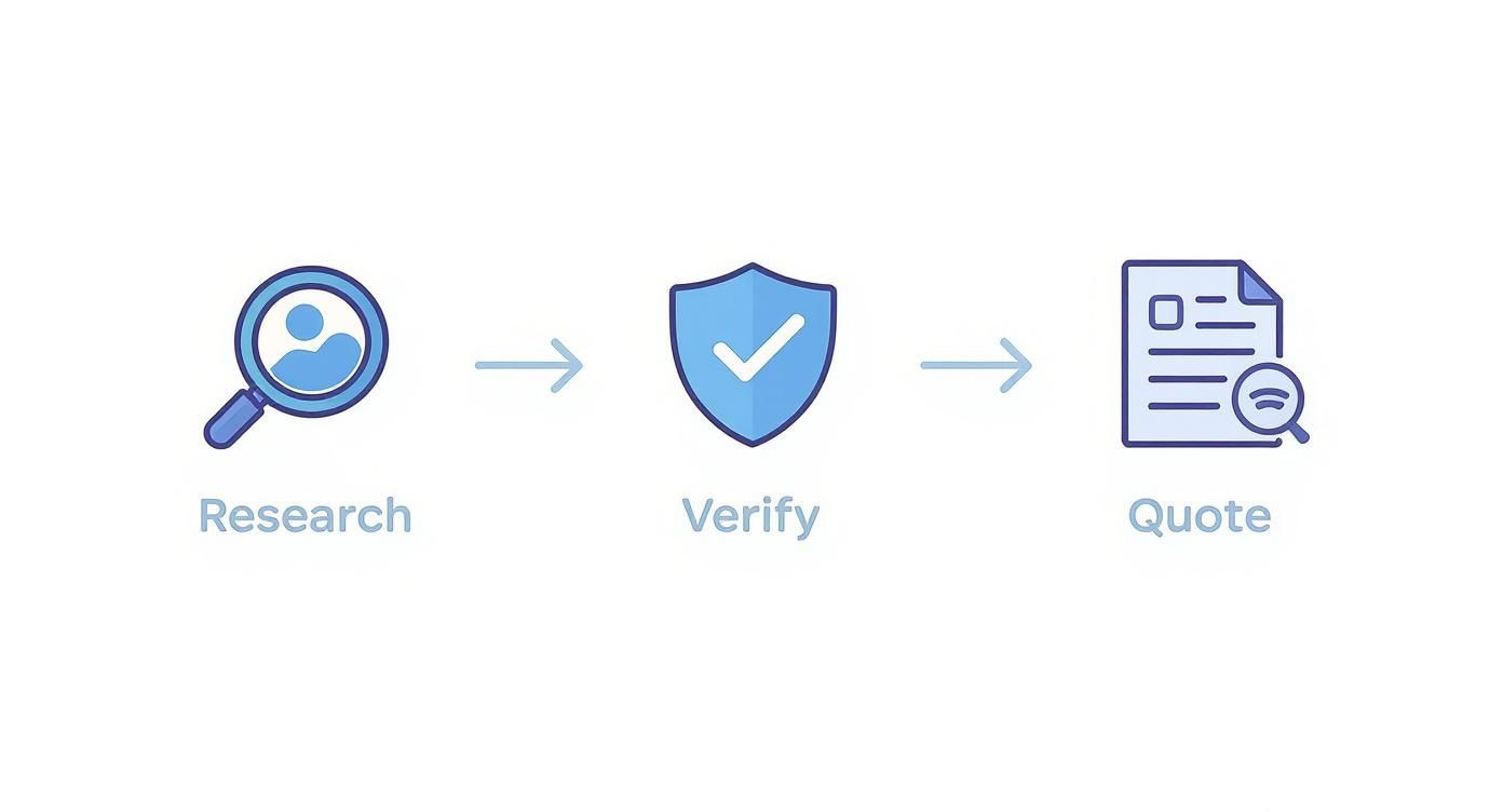 Blue icons illustrating a three-step process: Research (magnifying glass), Verify (shield with check), and Quote (document).