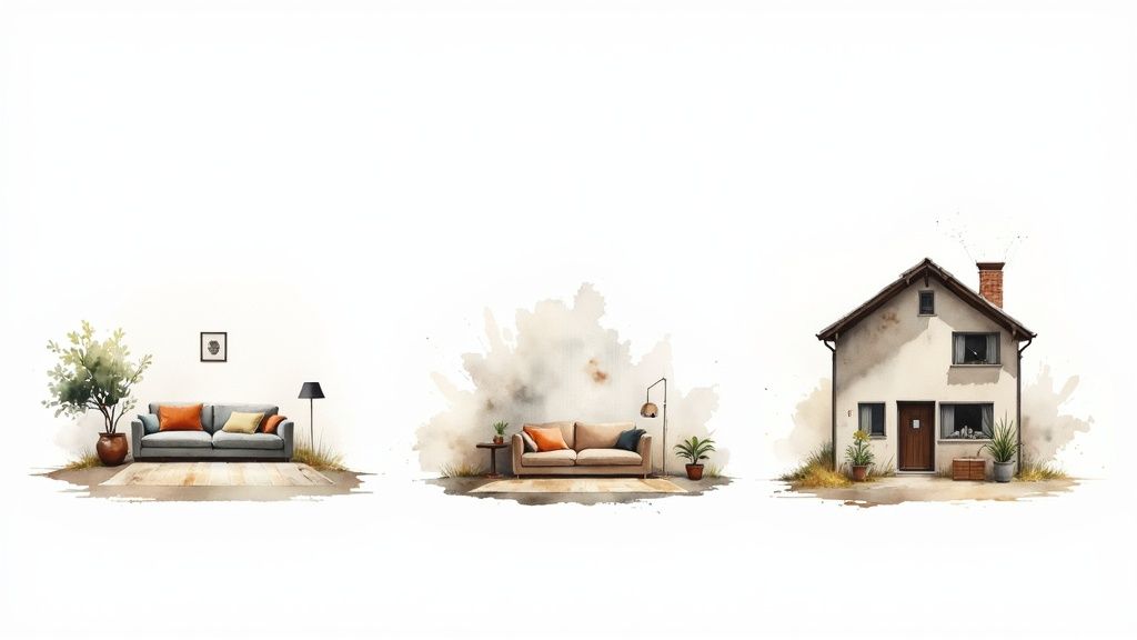 Stylized watercolor illustrations showcasing modern living room interiors and a cozy house exterior.