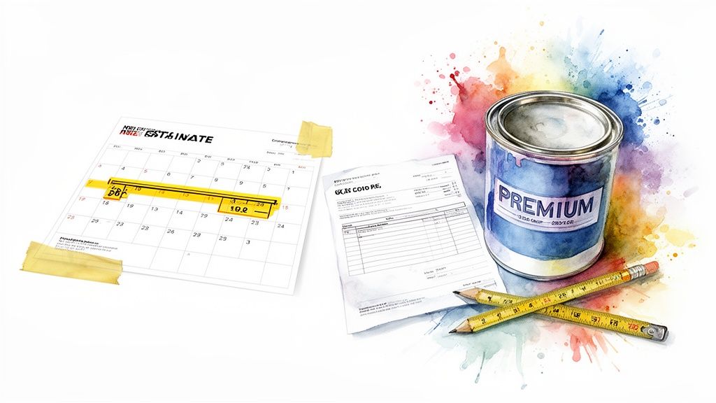 A calendar, invoice, paint can, and tools, illustrating a home painting project plan.