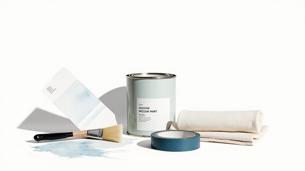 A collection of light blue painting supplies including a paint can, brush, tape, and cloths.