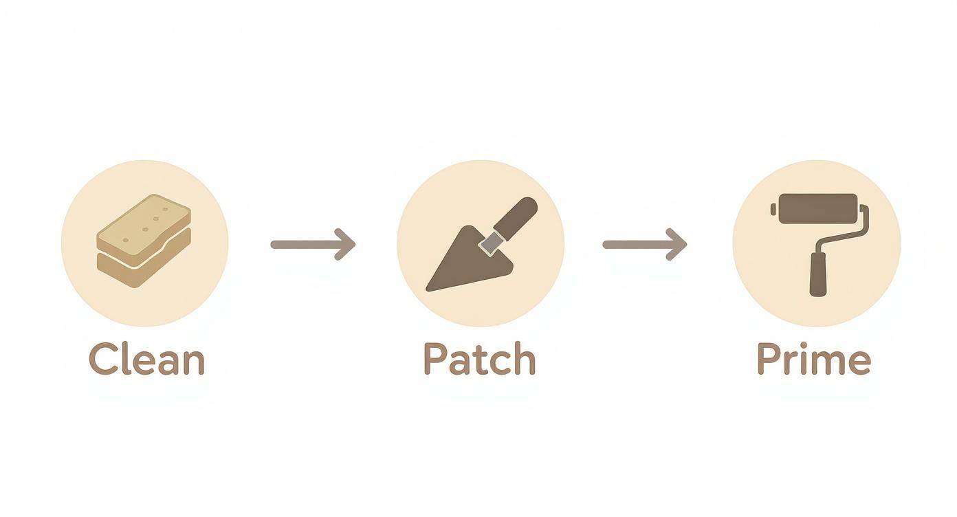 Infographic showing the three steps of wall preparation for limewash paint: cleaning with a sponge, patching with a trowel, and priming with a roller.
