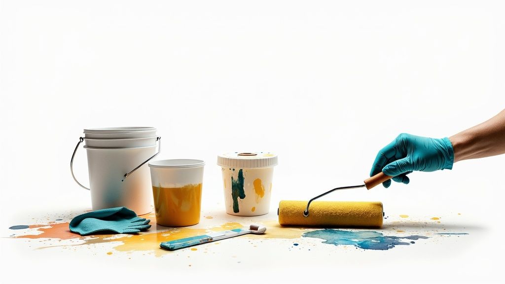 A prepared painting area with drop cloths and tools.