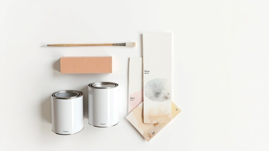 Flat lay of painting supplies, including two white paint cans, a paintbrush, a brick, and watercolor swatches.