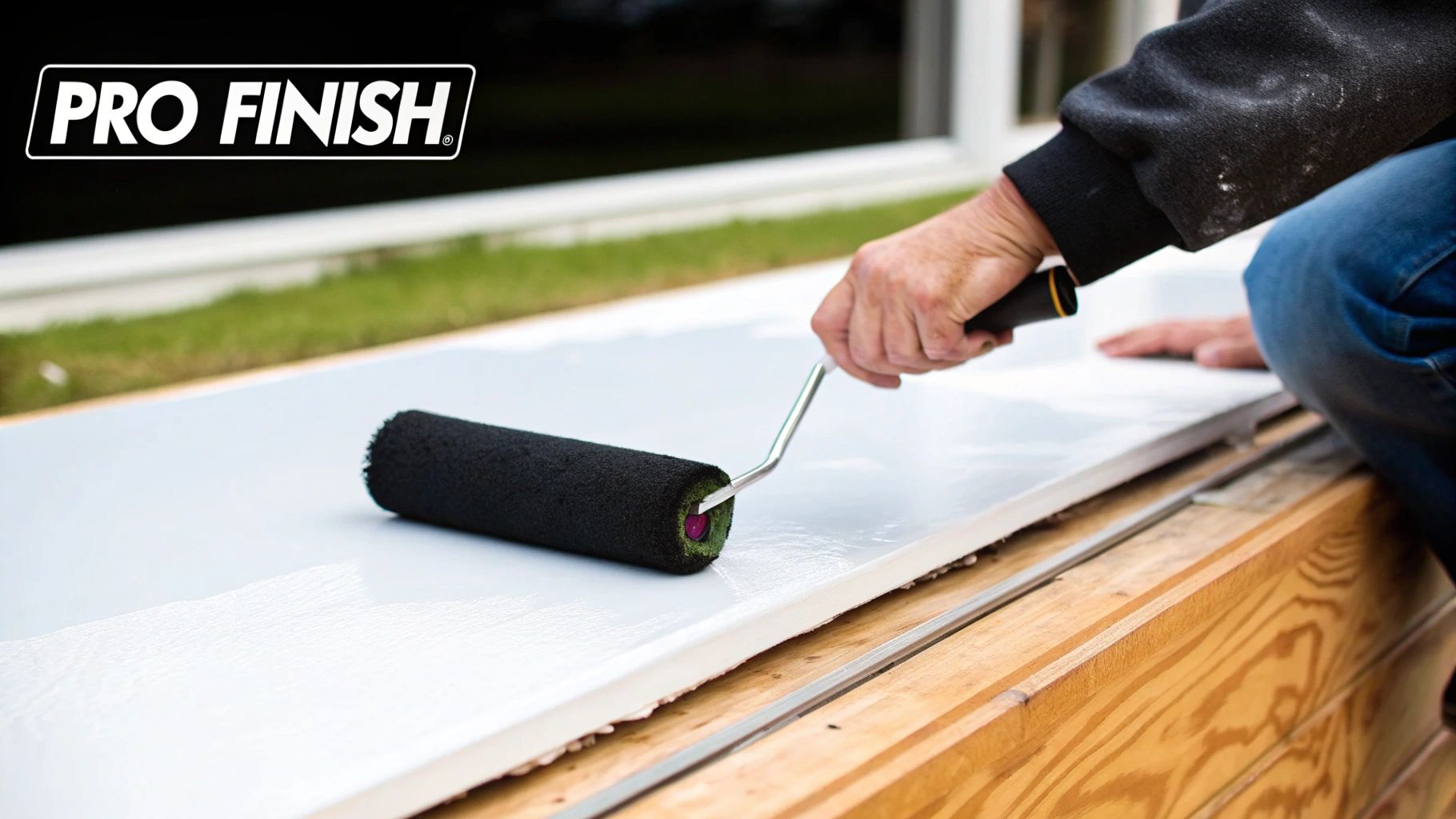 A high-density foam roller applying a smooth coat of white primer to a laminate countertop.