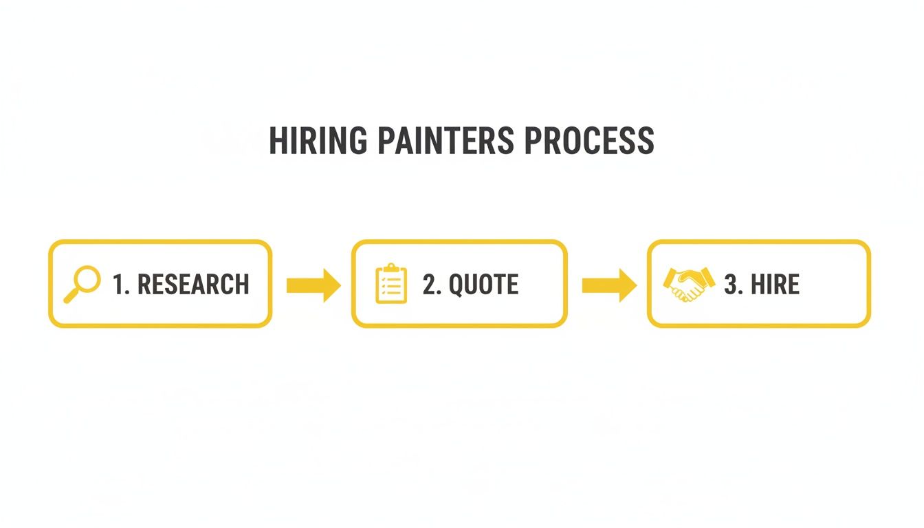 A clear process flowchart illustrating three steps for hiring painters: research, getting a quote, and hiring.