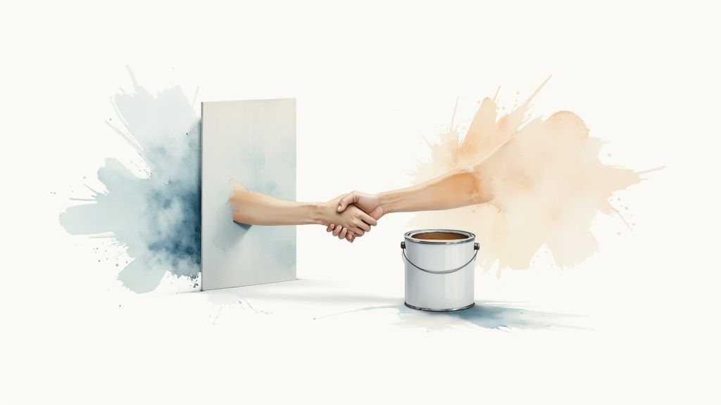 A person applying primer to a fresh drywall wall with a paint roller.