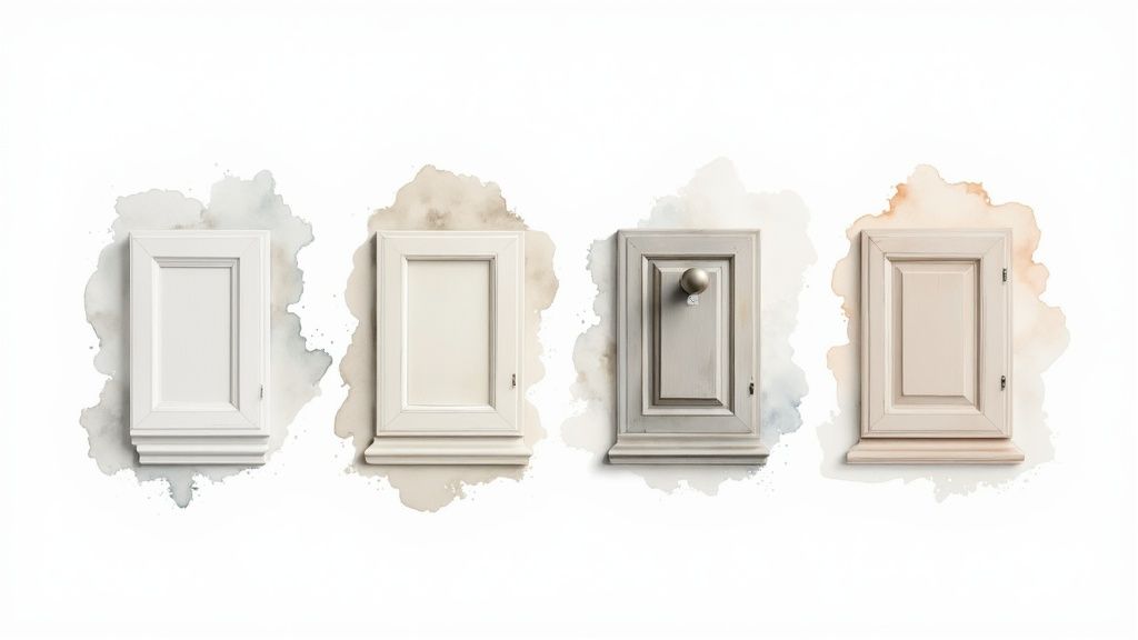 Four elegant cabinet door samples in different styles and neutral colors, with watercolor paint splashes.