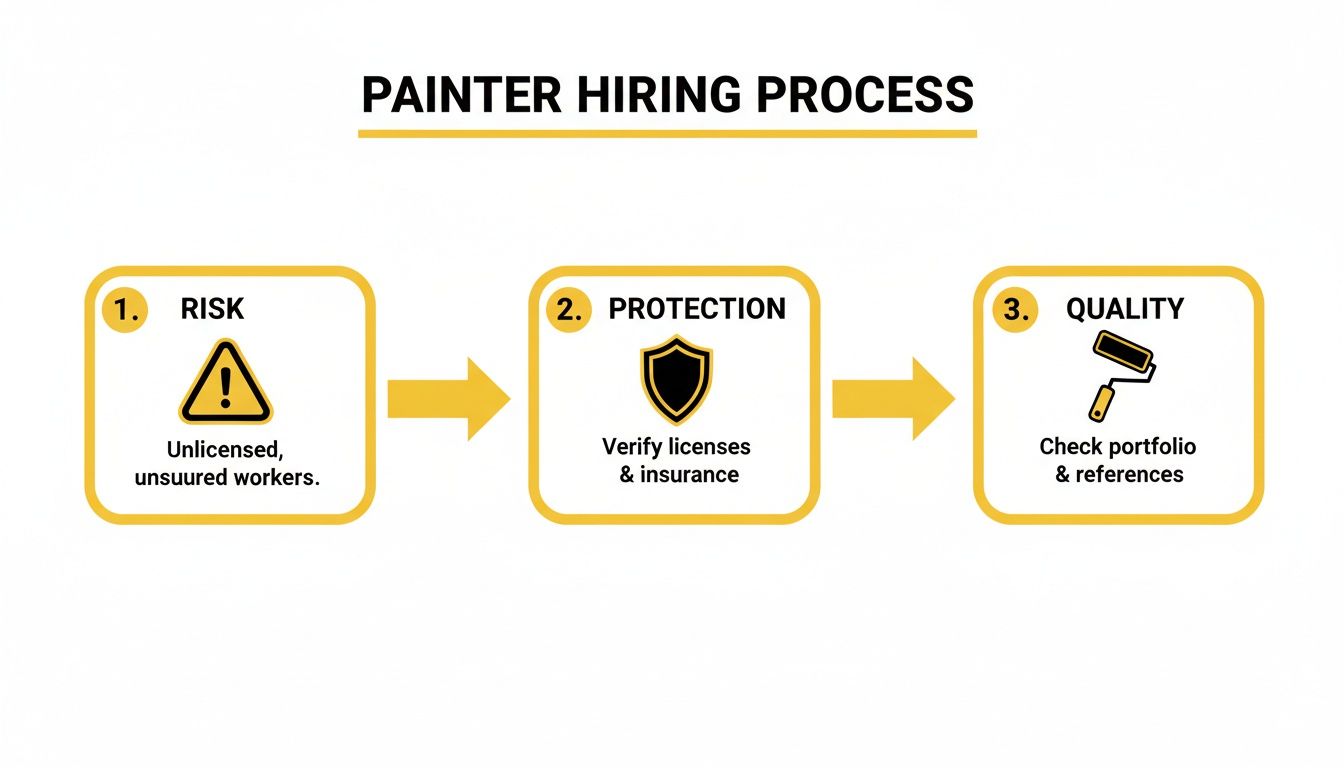 An infographic outlining the painter hiring process, covering risk, protection, and quality steps.
