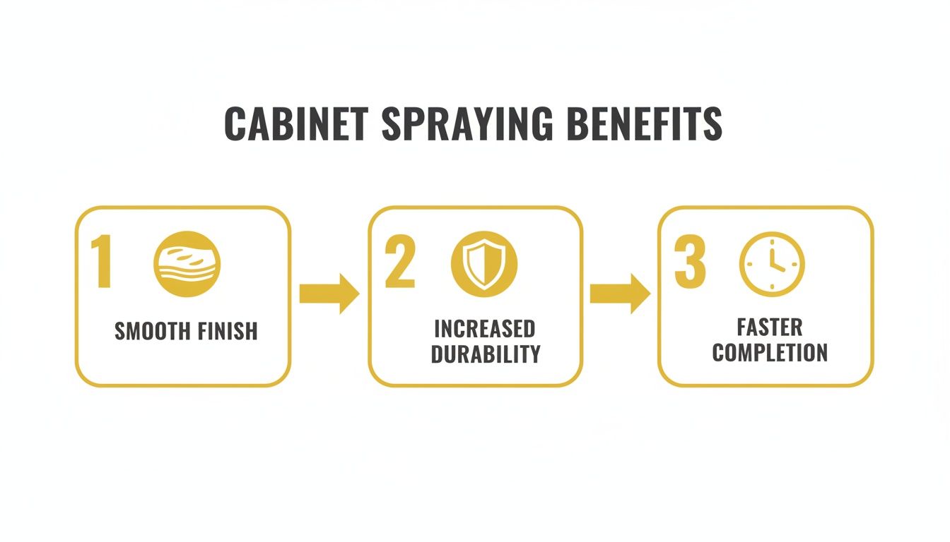 Infographic showing three benefits of cabinet spraying: smooth finish, increased durability, and faster completion.