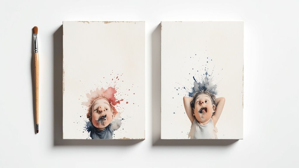 Two whimsical watercolor paintings of children's faces by Soca Services.