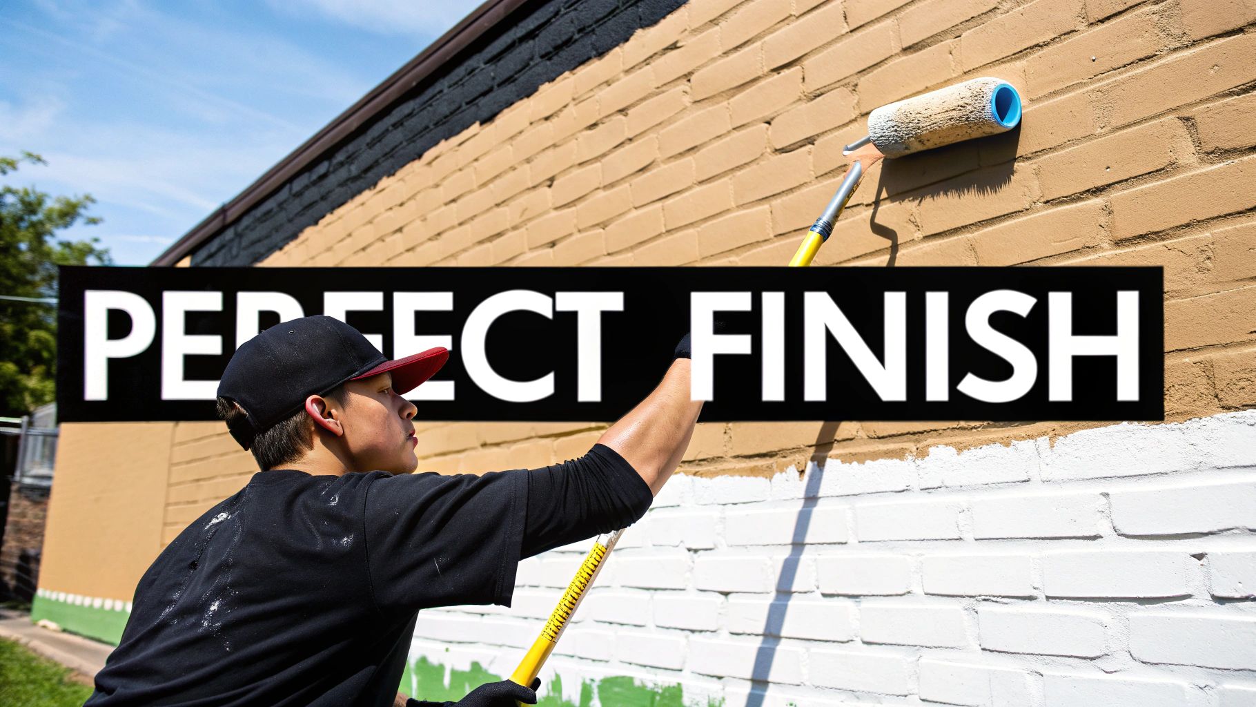A painter using a roller to apply white paint to a red brick wall.