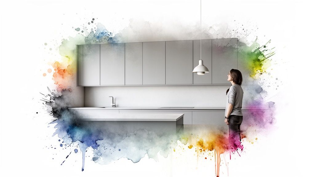 A modern kitchen with light grey cabinets and a woman looking up at a pendant light, surrounded by colorful watercolor splashes.