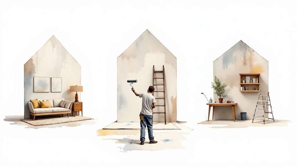 Three house-shaped vignettes showing home renovation: a living room, a painter at work, and a home office.